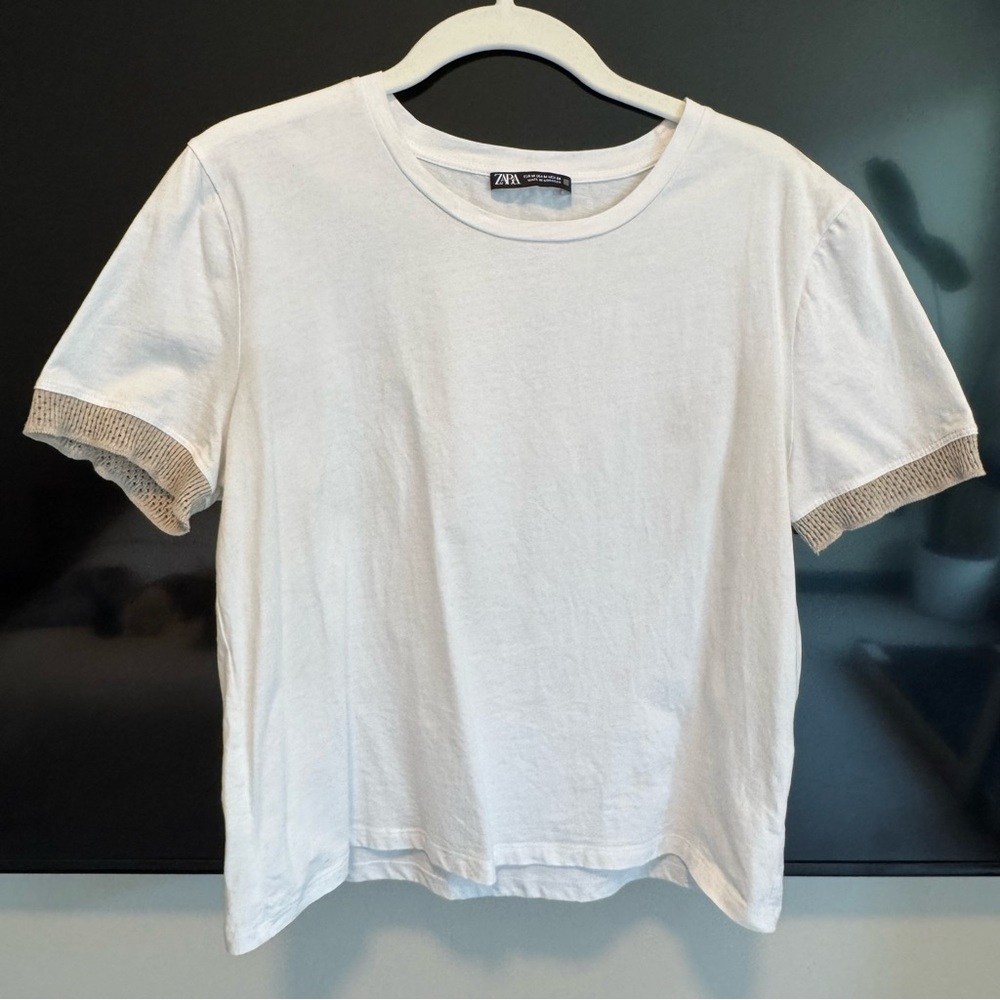 Zara White Baby Tee with Tan Sleeve Details